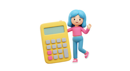3d icon of 3d cartoon girl with blue hair gesturing near a yellow calculator isolated on transparent background