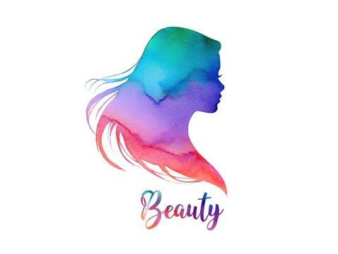 Watercolor silhouette of a womans head isolated on white background