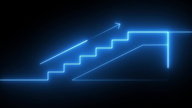 Neon Success concept . Neon icon of a person climbing stairs . goal achiever Success icon animation with neon line concept a person climbing stairs .