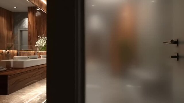 Modern bathroom with wooden accent walls, a large mirror, double sinks, and floral decor