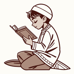 Young muslim boy reading quran in cartoon style