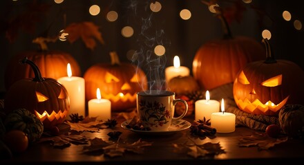 Cozy Halloween scene with carved pumpkins, glowing candles, and steaming coffee, perfect for autumn celebrations and festive designs