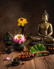Meditative still life of Buddha statue with lotus and offerings