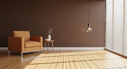 Cozy modern living room with warm brown walls and a single armchair bathed in sunlight