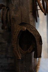 Rustic old horseshoe on a wooden wall, lucky amulet.
