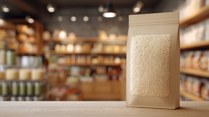 Blank organic quinoa package on natural foods store shelf