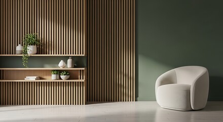 Modern interior design with curved armchair and slatted wood wall panel