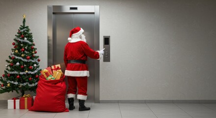 Santa Claus standing next to a Christmas tree, calling an elevator for gift delivery