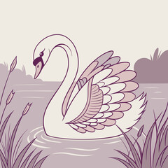 Elegant swan swimming in a lake with reeds