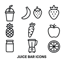 Fototapeta premium Vector Juice bar icons set: smoothie, fruits, blender, carrot, citrus, jar