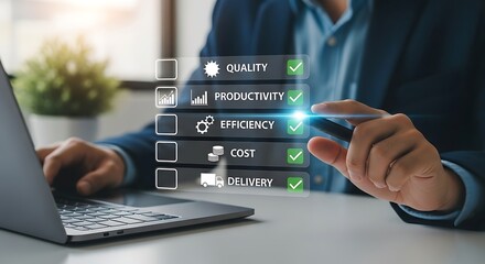 Business professional checking off tasks on a digital checklist with icons on a glowing screen