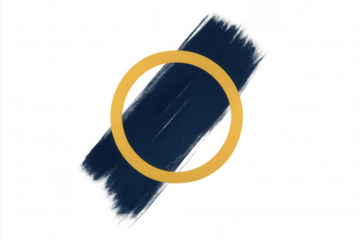 Abstract navy blue paint brush stroke forming a diagonal rectangle with an overlapping golden circular border