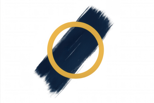 Abstract navy blue paint brush stroke forming a diagonal rectangle with an overlapping golden circular border