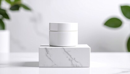 White cosmetic jar on marble pedestal with clean beauty concept.