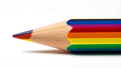 Obraz premium A sharpened pencil with rainbow-colored wood layers, vibrant and minimal, isolated on white.