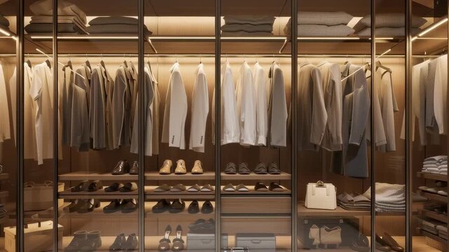 Modern luxury walk-in closet with glass doors, organized clothes, shoes, and accessories neatly arranged under warm ambient lighting creating a stylish interior
