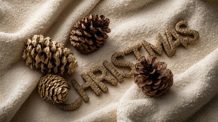 Luxurious bronze CHRISTMAS text lettering on cream cashmere texture with golden pine cones
