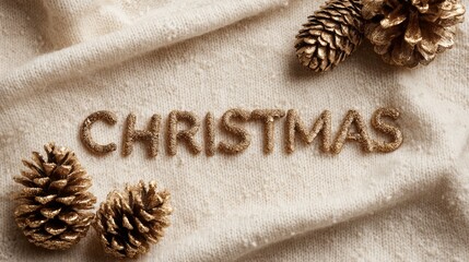 Luxurious bronze CHRISTMAS text lettering on cream cashmere texture with golden pine cones