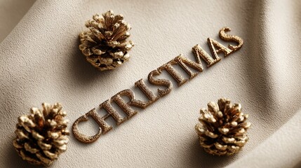 Luxurious bronze CHRISTMAS text lettering on cream cashmere texture with golden pine cones