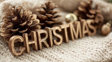Luxurious bronze CHRISTMAS text lettering on cream cashmere texture with golden pine cones