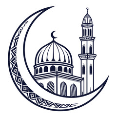Mosque with crescent moon, islamic architecture art