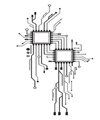 Monochrome Dual Microchip and Circuit Board Diagram

