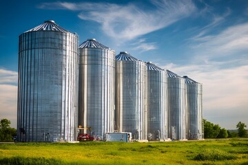 Fototapeta premium Row of tall modern silver grain silos standing in a vibrant green agricultural field under a bright blue sky with fluffy clouds