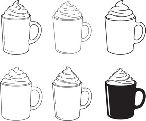 Set of six hand drawn coffee mugs with whipped cream silhouette