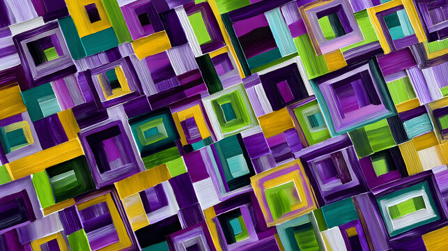 Modern abstract art featuring bright geometric patterns in the form of squares and rectangles, with contrasting colors of purple, green, and yellow for a striking effect.