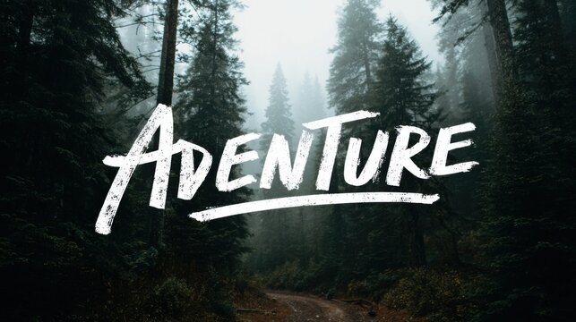 adventure text over misty forest path - Powered by Adobe