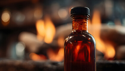 Medium shot of a smoky craft hot sauce bottle with rich amber color sharply in focus blurred fiery kitchen background accentuates the sauces deep flavor profile