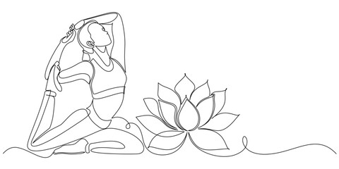 Woman meditating in lotus pose, continous line art illustration, line art style vector illustration