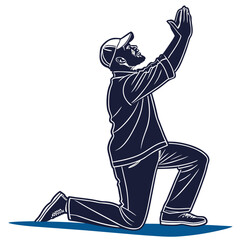 Silhouette of a man kneeling and praying with hands raised to the sky