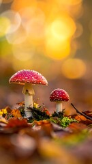 Two mushrooms in autumnal forest