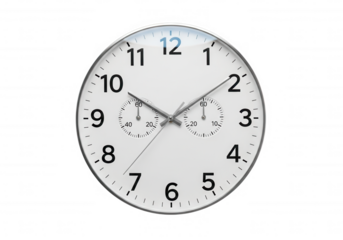 White analog clock with subdials isolated on a transparent background
