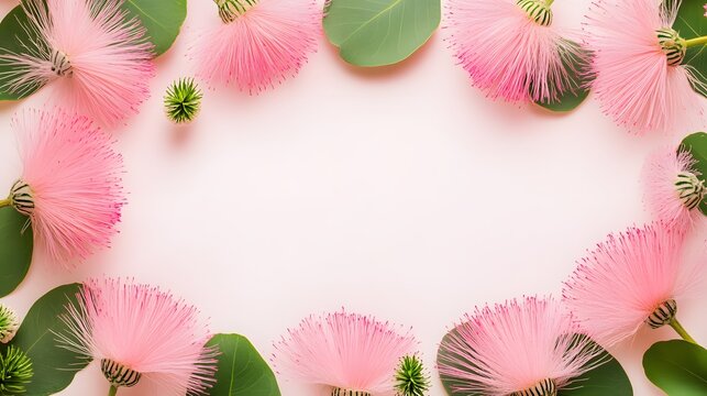 Floral frame with pink powderpuff flowers and eucalyptus leaves on pink background