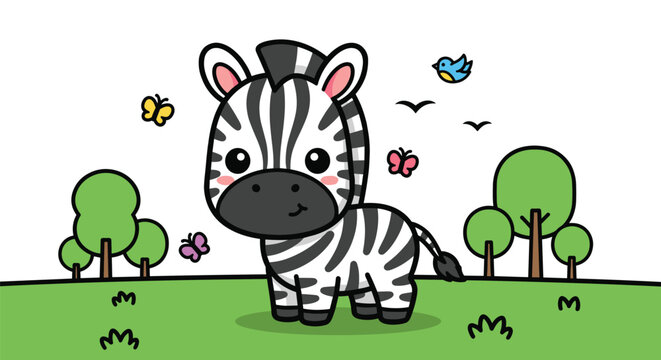 Adorable Cartoon Zebra Vector in Green Meadow with Trees and Butterflies &ndash; Cute Animal Illustration for Kids