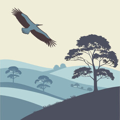 A blue bird flying over a landscape with trees and rolling hills scene