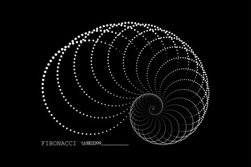 Fibonacci Sequence Spiral. Golden ratio. Geometric shapes Circles dots in golden proportion.  Minimalist snail shell form, Nautilus shell logo design. Vector icon isolated on black background