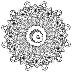 Halloween mandala candy set, outline page coloring book for kids and adults activities
