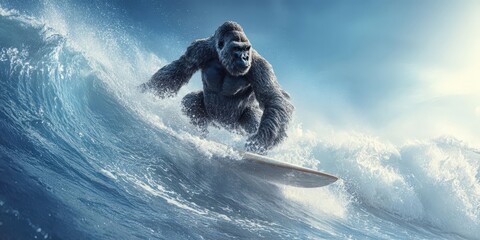 Gorilla Surfing Big Waves on a Surfboard