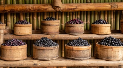 Acai berries in bamboo containers on natural wood shelving. Sustainable eco-friendly aesthetic