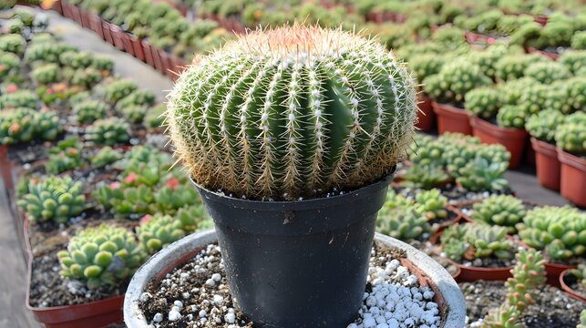 Beautiful golden barrel cactus in pot surrounded by succulents at greenhouse - Powered by Adobe