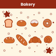 Cute flat outlined cartoon bakery collection: bread, rolls, sweet buns, donuts, baguette, croissant, cinnamon roll. Perfect for illustrations, menus, stickers, social media.