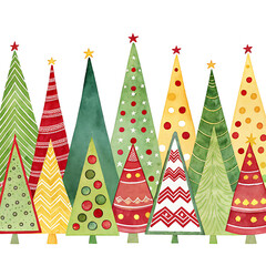 Whimsical watercolor christmas trees with festive decorations