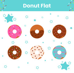 Cute flat cartoon donut collection: 6 donuts with different toppings. Perfect for food illustrations, desserts, menus, stickers, and social media posts.