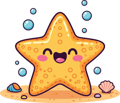 Cute Cartoon Starfish Vector on Ocean Floor with Bubbles and Seashells &ndash; Fun Underwater Animal Illustration for Kids