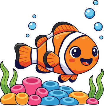 Cute Cartoon Clownfish Vector in Coral Reef with Seaweed and Bubbles &ndash; Fun Ocean Animal Illustration for Kids Projects
