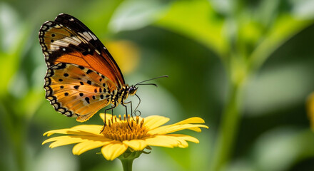 Obraz premium A stunning plain tiger butterfly perched delicately on a vibrant yellow flower, its wings spread wide, against a lush green backdrop in the sunshine