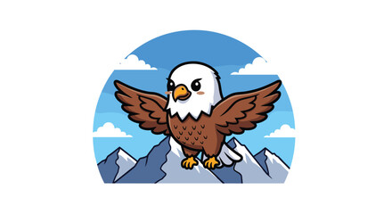 Cartoon Bald Eagle Vector Standing on Mountain Peak with Open Wings – Majestic Bird of Prey Illustration in Nature Scene